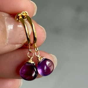 May include: Gold hoop earrings with a dangling purple amethyst gemstone.