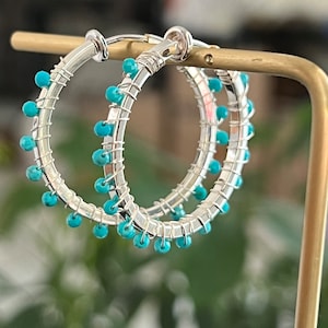 Clip on turquoise hoops - silver medium