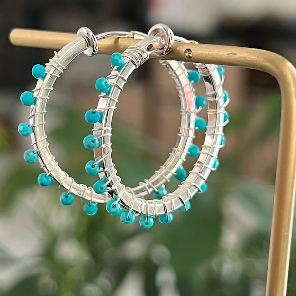 Clip on turquoise hoops - silver medium