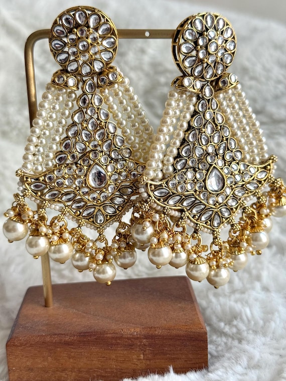 Gold and Kundan Clip on Jhoomar Style Earrings With Rhinestones
