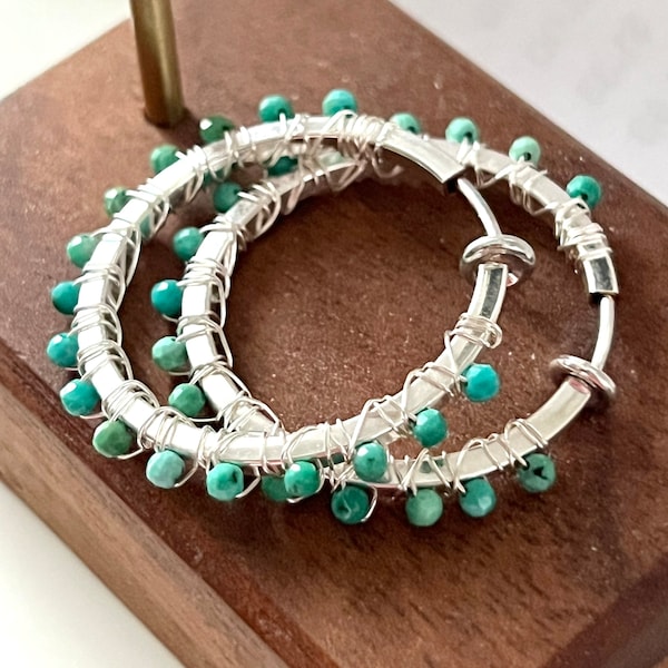 Clip on turquoise hoops - silver medium