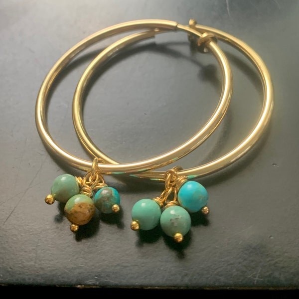 clip on hoops gold plated with tiny turquoise clipon earring