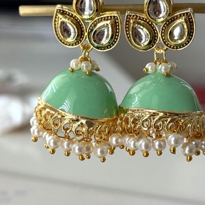 Mint green kundan jhumka on post -  Indian style earrings. Medium  jhumki earring