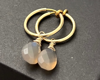Clip on hoop with gray chalcedony drops