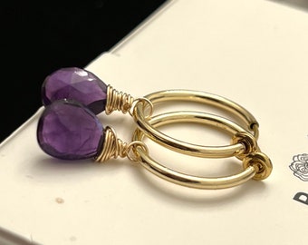 Tiny hoops -- clip on with amethyst drops