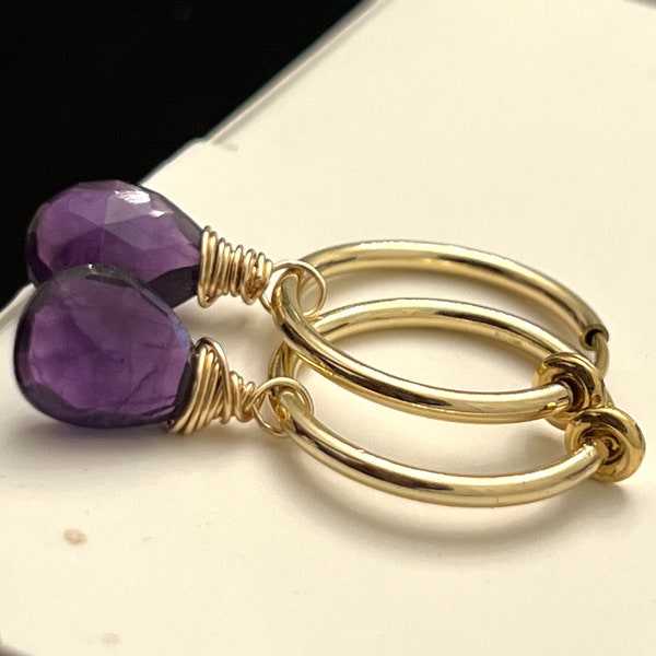 Tiny hoops -- clip on with amethyst drops