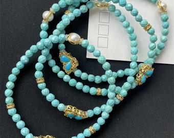 Sky Blue Beaded Bracelet with Pearl and Gold Details