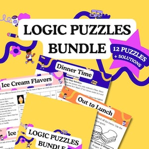Peut inclure: Un graphique coloré avec le texte "Logic Puzzles Bundle" dans une étoile jaune. Le graphique présente un bus de dessin animé, un enfant et une étoile. Le texte "12 Puzzles + Solutions" est dans une étoile rose. Il y a quatre images plus petites de puzzles logiques avec des titres comme "Ice Cream Flavors" et "Dinner Time".