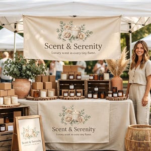 May include: A market stall display featuring Scent & Serenity branded items, including candles in glass jars and cardboard boxes, arranged on wooden crates and a table with a beige cloth. A sign displays the text Scent & Serenity Luxury scent in every tiny flame.
