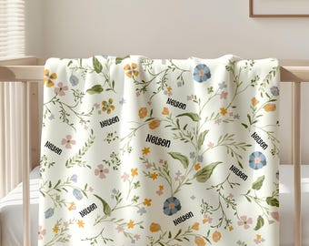 Custom Wildflower Baby Blanket, Personalized Floral Cotton Nursery Blanket