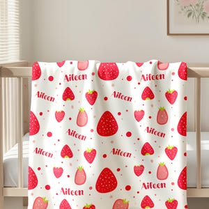 Custom Strawberry Girl Nursery Blanket, Pink Strawberry Toddler Blanket, Name Blanket for Girl, Cute Kids Nursery Decor, Newborn Baby Wrap