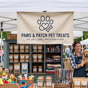 May include: A market stall display for Paws & Patch Pet Treats featuring a beige banner with a paw print logo, shelves stocked with bagged treats, baskets of plush toys, glass jars of snacks, and a wooden rack of patterned dog collars.