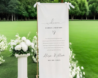 Linen Wedding Welcome Sign, Custom Name Fabric Wedding Banner, Modern Wedding Ceremony Sign, Reception Entrance Sign, Engagement Party Decor
