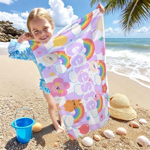 Custom Kid Beach Towels with Name,Personalized Rainbow Beach Towel,Cartoon Pattern Beach Towel,Back to School Beach Towel,Children&#39;s Gifts