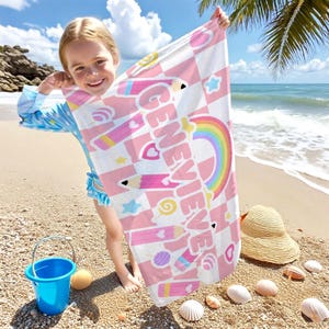 Personalized Rainbow Beach Towel,Custom Pencil Beach Towel,Colorful Beach Towel for Kids,ack to School Beach Towel,Gift for Kids