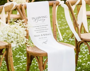 Personalized Memorial Wedding Chair Sign, White Linen Memorial Chair Banner, Remembrance Ceremony Tribute, Reserved Banner for Loved Ones