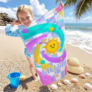 Personalized Rainbow Sun Beach Towel,Kid&#39;s Towels With Sun,Back to School Beach Towel,Colorful Beach Towel for Kids,Childrens Pool Towel