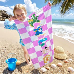 Toallas de playa personalizadas para niños, toalla de playa personalizada con nombre, toalla con letras de animales a rayas, regalo para niños/niñas, regalo de cumpleaños