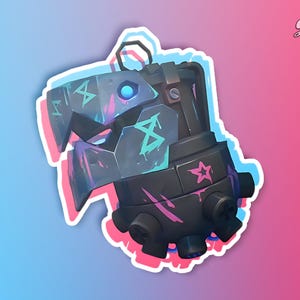 May include: A black and gray robot head sticker with pink and blue paint splatters and a star on the side. The sticker has a white border and the text "Get Real Stickers" in the top right corner.