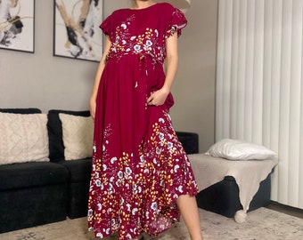 River Long Flowy Dress with Detachable Tie| Floral Design | Dress for Spring/Summer | Gift for Her Mother's Day Gift | Fast Shipping