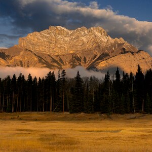 May include: A mountain peak with a snow-capped summit rises above a forest of dark green trees. The mountain is illuminated by the golden light of the setting sun, casting long shadows across the landscape. A layer of mist or clouds hangs low in the valley, adding to the dramatic and atmospheric scene.