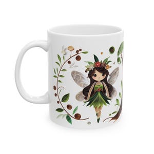 Whimsical Woodland Fairy Ceramic Mug with Floral Wings, 11oz or 15oz Fairy Coffee Cup with Forest Design, Free Shipping for Nature Lovers