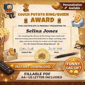 Certificado de Premio al Teleadicto, Regalo Familiar Divertido (Descarga Digital)