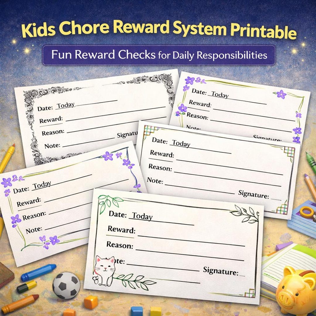Kids Chore Reward System Printable – Fun Reward Checks for Cleaning ...