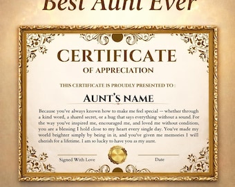 Geschenk für Tante Printable PDF - Bedeutungsvolles Geburtstagsandenken für Tante, Geschenk von Nichte oder Neffe, Tante Anerkennungsbescheinigung