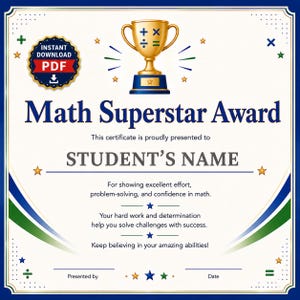 Pode incluir: Um certificado Math Superstar Award com uma ilustração de troféu dourado. O certificado tem uma borda azul e inclui texto como "STUDENT'S NAME" e "Por mostrar excelente esforço, resolução de problemas e confiança em matemática".