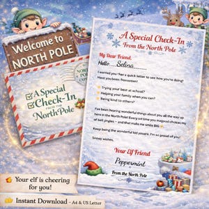 May include: A festive Christmas-themed digital download featuring a letter from the North Pole, addressed to Selina, with a welcome sign and elf illustrations. Includes the text "A Special Check-In From the North Pole."