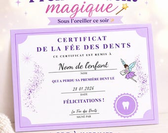 Certificaat première Dent Enfant à Imprimer, Fée des Dents, PDF Instantané