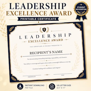 Może przedstawiać: Certyfikat do druku Leadership Excellence Award z granatowo-złotymi obramowaniami, emblematem pochodni oraz tekstem "Leadership Excellence Award", "Recipient's Name" i "Student Recognition" na dokumencie w formacie US letter.