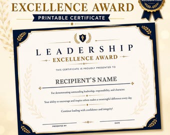 Leadership Excellence Award Printable PDF, Recognition Certificate for School Workplace or Teams