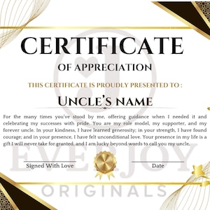 Uncle Appreciation Certificate: Sentimental Gift, Favorite Mentor Award (Digital Download)