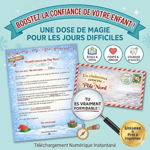May include: A digital download featuring a letter from the North Pole, with text in French. The letter is addressed to a child and includes a message of encouragement. The image also includes a postcard, magnifying glass, compass, and a gold seal that says "Unisex & Ready to print".