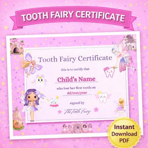 Magical First Lost Tooth Certificate, Tooth Fairy Award Keepsake (Instant Download)