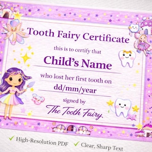 Magical First Lost Tooth Certificate, Tooth Fairy Award Keepsake (Instant Download)