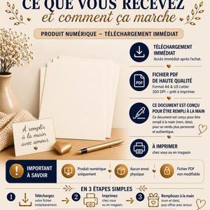 Op de afbeelding: Een infographic met Franse tekst die een digitaal product downloadproces beschrijft. Het bevat pictogrammen voor downloaden, PDF en afdrukken, samen met de zin "&Agrave; remplir &agrave; la main avec amour". Het ontwerp bevat decoratieve bloemelementen en een hart.