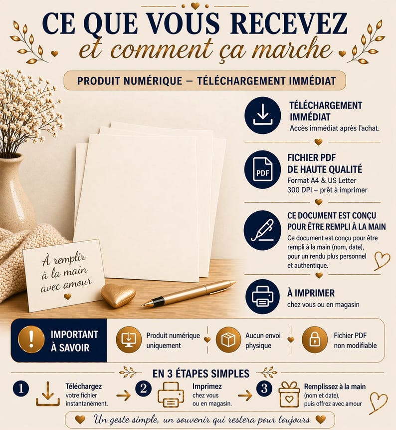 Op de afbeelding: Een infographic met Franse tekst die een digitaal product downloadproces beschrijft. Het bevat pictogrammen voor downloaden, PDF en afdrukken, samen met de zin "&Agrave; remplir &agrave; la main avec amour". Het ontwerp bevat decoratieve bloemelementen en een hart.
