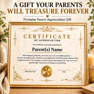 Puede incluir: Un certificado enmarcado con detalles dorados y el texto "Un regalo que tus padres atesorarán para siempre". El certificado dice "Certificado de agradecimiento" e incluye espacio para el nombre de los padres. Un regalo imprimible de agradecimiento a los padres.