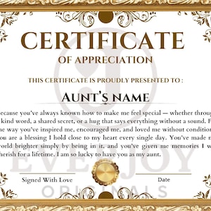 Aunt Appreciation Certificate: Sentimental Keepsake Gift (Digital Download)