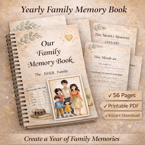 May include: A spiral-bound family memory book with the title "Our Family Memory Book" and the text "The KESER Family." The book includes pages for monthly memories and a family portrait. The cover has a heart and leaf design. The book is labeled "56 Pages," "Printable PDF," and "Instant Download."