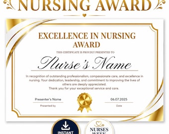 Excellence in Nursing Award Printable PDF, Nurse Recognition Certificate, Healthcare Appreciation Gift, Nurses Week Award