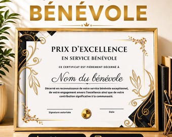 Certificaat Bénévole à Imprimer PDF, Prix Excellence Service Bénévole, Certificat Reconnaissance Bénévole, Cadeau Remerciement Bénévole
