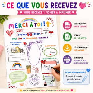 Op de afbeelding: Een printbaar bedankbriefje voor leraren met de tekst "Merci &agrave; toi!". Bevat invulsecties, een tekening, een notitie en wat de leerling waardeert. Met regenboog, harten en kattenillustraties.