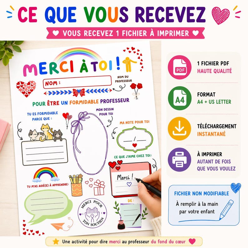 Op de afbeelding: Een printbaar bedankbriefje voor leraren met de tekst "Merci &agrave; toi!". Bevat invulsecties, een tekening, een notitie en wat de leerling waardeert. Met regenboog, harten en kattenillustraties.