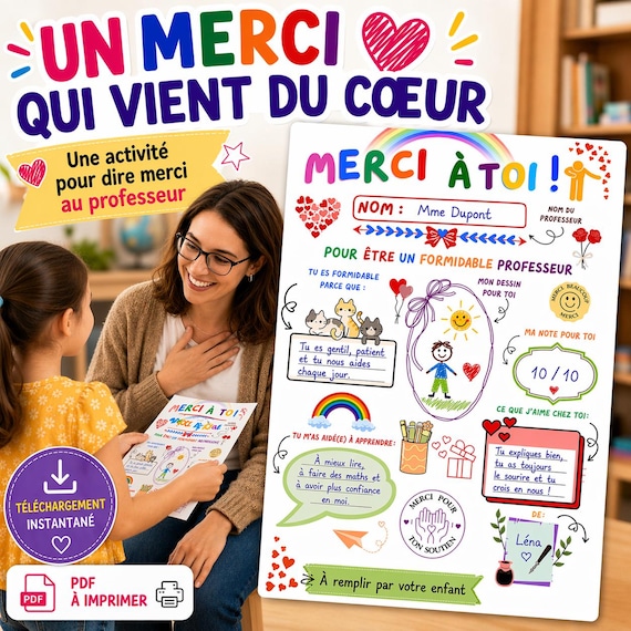 Activité Merci Professeur à Imprimer, Cadeau Enseignant Fin d’Année, Fiche Enfant Créative, Cadeau Personnalisé par Enfant, PDF