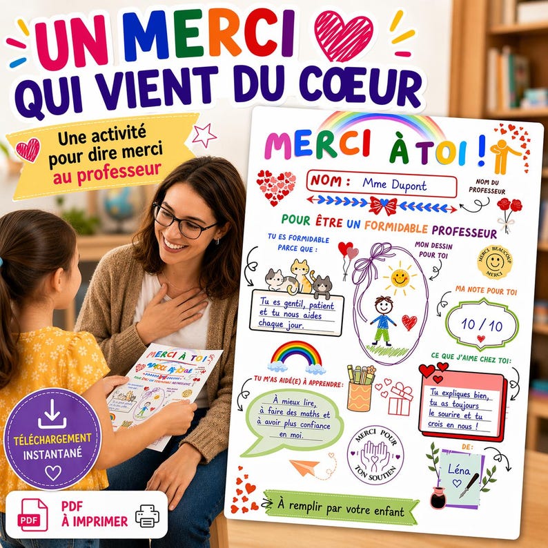 Op de afbeelding: Een printbare bedankkaart voor leraren met de tekst "UN MERCI QUI VIENT DU COEUR" en "MERCI &Agrave; TOI!" in het Frans. De kaart bevat ruimte voor een tekening en een notitie van de leerling. Een moeder en kind houden de kaart vast.