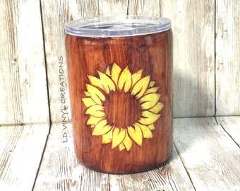 Sunflower Peek-A-Boo Woodgrain Tumbler, Sunflower tumbler, woodgrain/sunflower cup 10 oz.